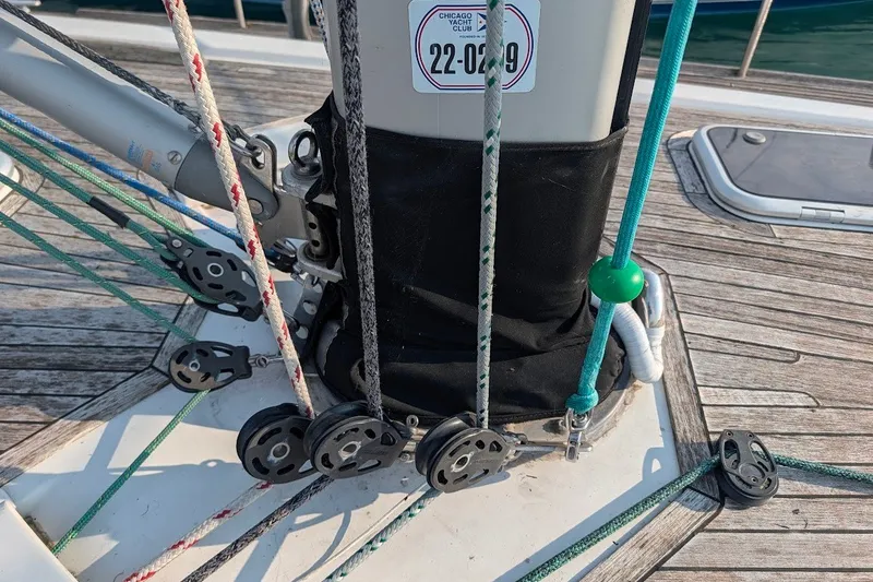 Slide: The Image of Deck rigging on a 2006 Grand Soleil 50 sailboat with ropes and pulleys. - 21