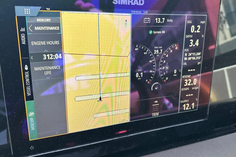 Slide: The Image of Simrad display on 2022 Sea Ray SLX 250 showing engine hours and navigation data. - 18