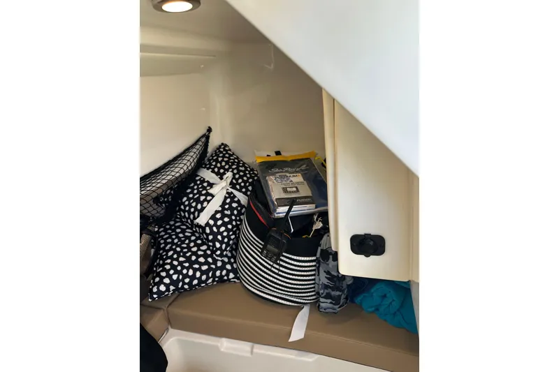 Slide: The Image of Interior storage area of 2022 Sea Ray SLX 250 boat with cushions and bags. - 44