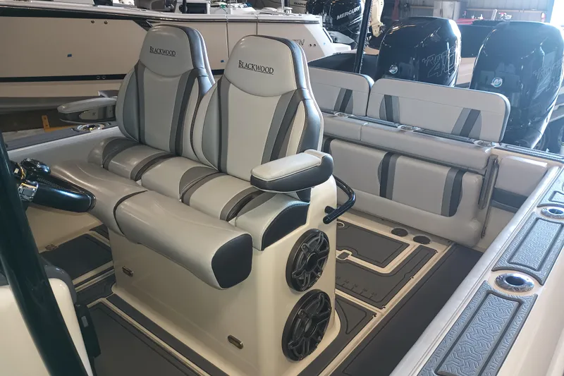 Slide: The Image of 2020 Blackwood 27 boat interior with dual seats and modern design. - 11