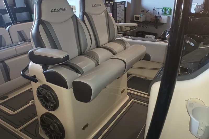 Slide: The Image of Luxury seating in a 2020 Blackwood 27 boat, featuring premium upholstery and integrated speakers. - 12