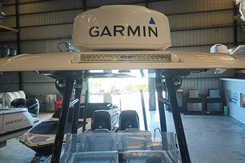 Slide: The Image of 2020 Blackwood 27 boat with Garmin radar in a storage facility. - 25