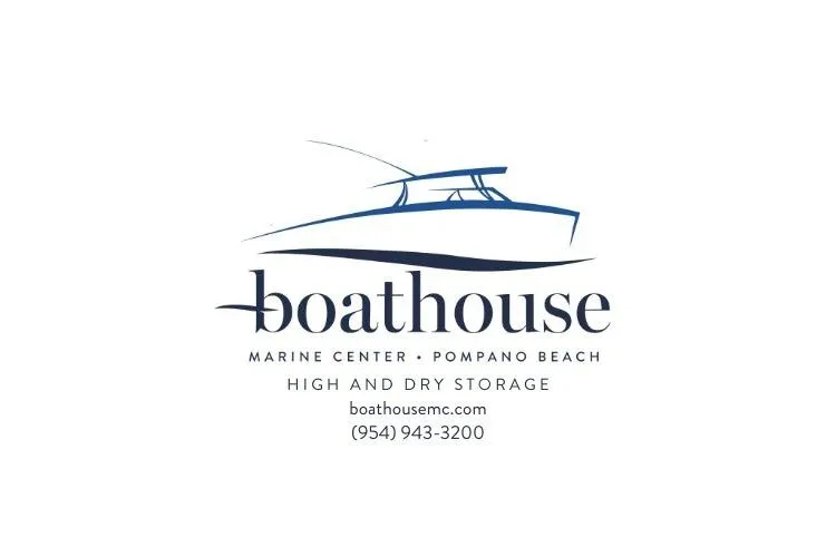 Slide: The Image of Boathouse Marine Center logo with boat illustration, Pompano Beach, contact info, and storage services. - 36