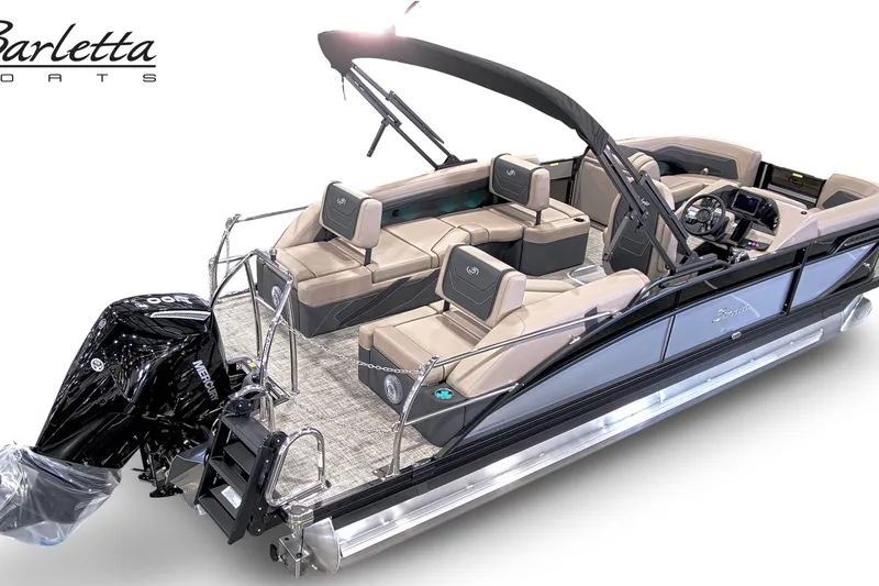 Slide: The Image of 2027 Baretta C22M pontoon boat with luxurious seating and modern design. - 2