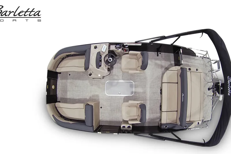 Slide: The Image of Top view of 2027 Barletta S22UC pontoon boat with beige seating and black accents. - 6