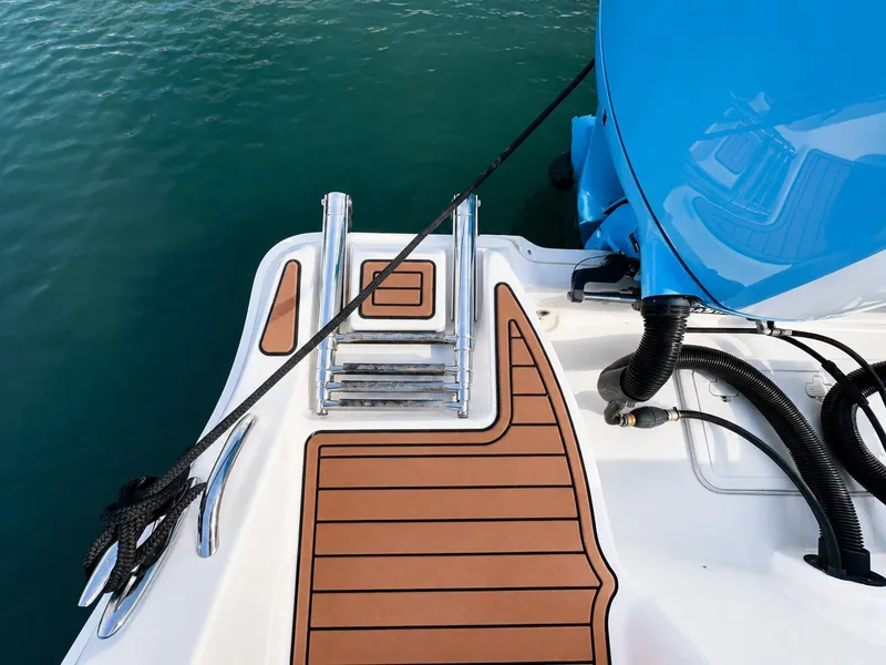 Slide: The Image of The image shows the stern of a 2018 Sea Fox 266 Commander with a swim ladder. - 29