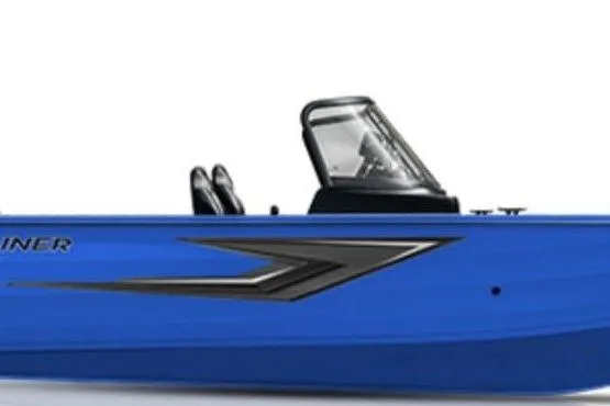 Slide: The Image of 2026 Crestliner 1850 Kodiak WT boat, blue exterior, side view with windshield and seating. - 2