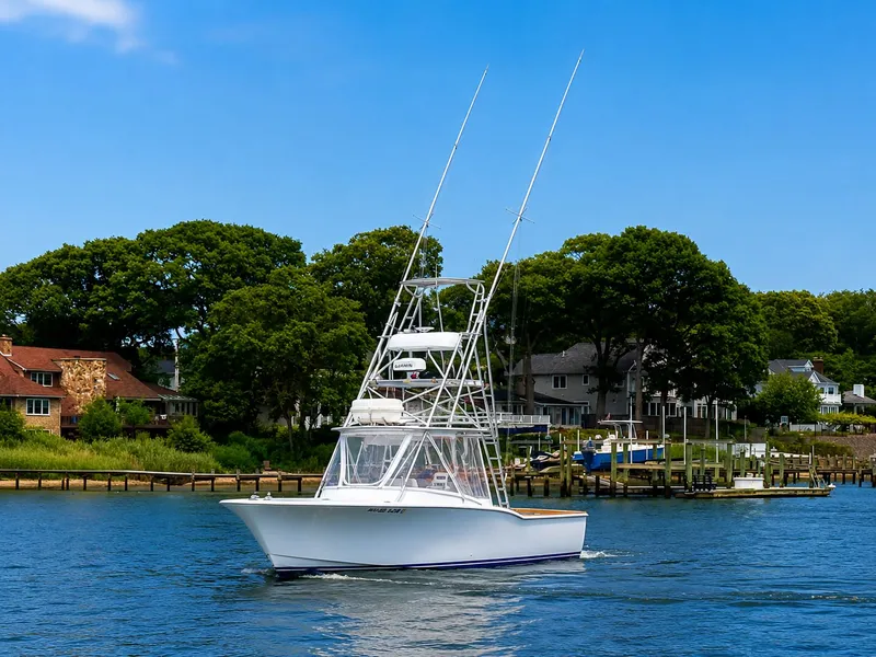 Slide: The Image of A white boat with a tall tower navigates calm waters, surrounded by trees and houses. - 3