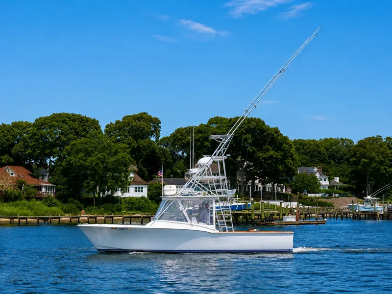 Slide: The Image of A 1992 L&H 33 boat cruising on calm water with a green shoreline in the background. - 4