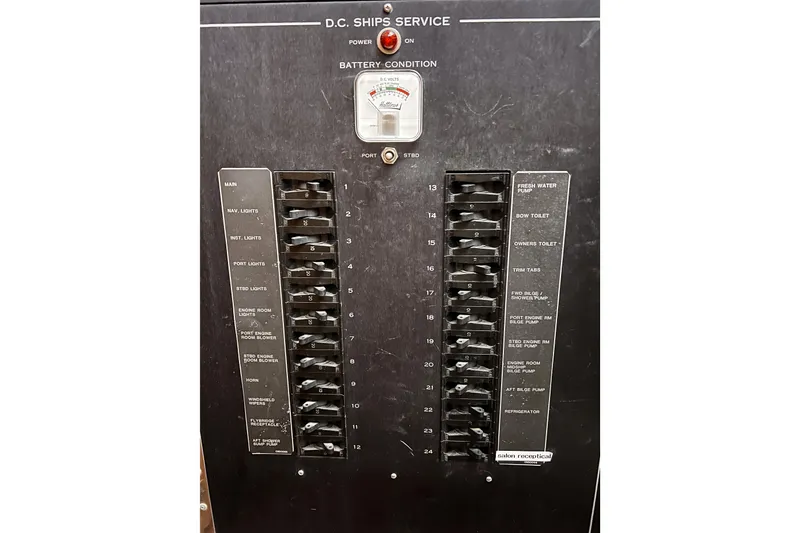 Slide: The Image of Electrical panel of a 1987 Hatteras 40 Double Cabin boat, showing switches and battery condition gauge. - 40