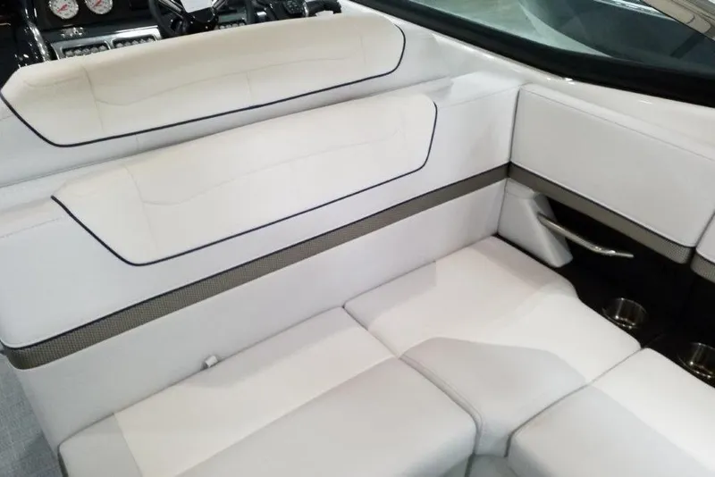 Slide: The Image of Luxurious white seating in 2021 Formula 350 Sun Sport boat interior. - 16