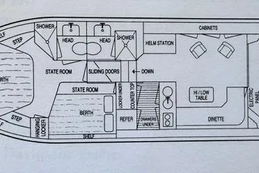 Slide: The Image of Floor plan of a 1994 Navigator 4300 yacht, featuring staterooms, helm station, and dinette area. - 38