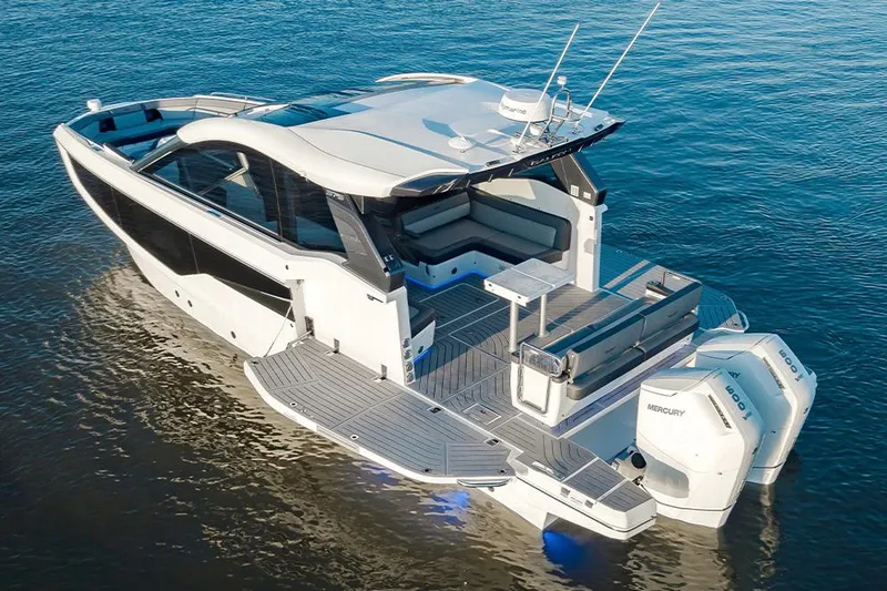 Slide: The Image of Manufacturer Provided Image: 2025 Galeon 375 GTO luxury yacht on calm water, featuring sleek design and modern amenities. - 2
