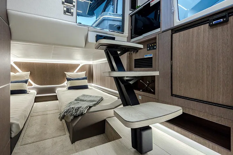 Slide: The Image of Manufacturer Provided Image: Luxurious interior of 2025 Galeon 375 GTO yacht with modern design and cozy sleeping area. - 7