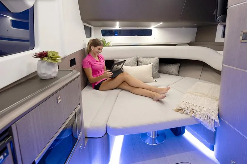 Slide: The Image of Manufacturer Provided Image: Luxurious interior of 2025 Galeon 375 GTO yacht with modern seating and ambient lighting. - 8