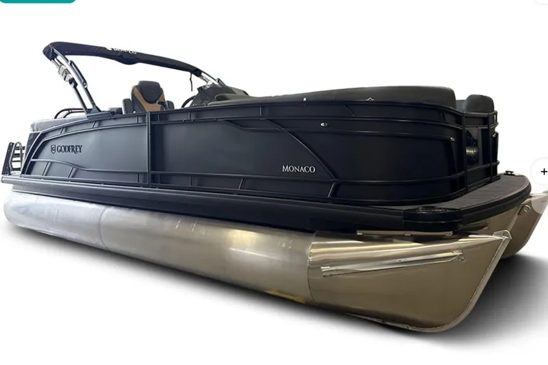 The Image of 2026 Godfrey Monaco 23' Ultra Lounge Tritoon, sleek black design, side view. - 0