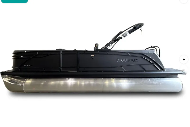 Slide: The Image of 2026 Godfrey Monaco 23' Ultra Lounge Tritoon, sleek black design, side view. - 5