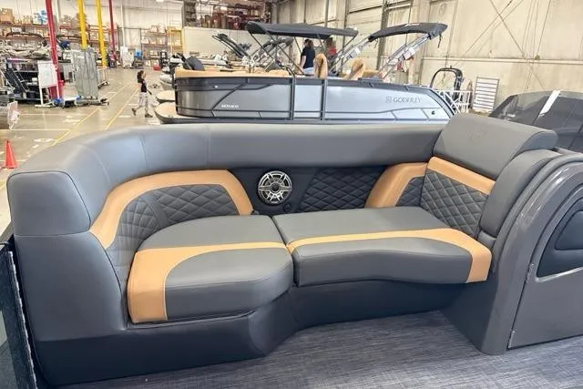 Slide: The Image of Luxurious seating on 2026 Godfrey Monaco 23' Ultra Lounge Tritoon, featuring elegant design and comfort. - 9