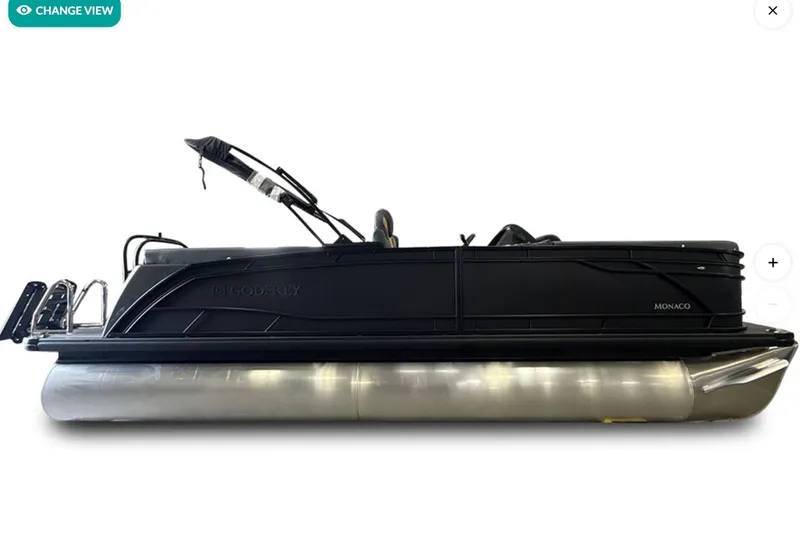 Slide: The Image of 2026 Godfrey Monaco 23' Ultra Lounge Tritoon, side view, sleek black design. - 1