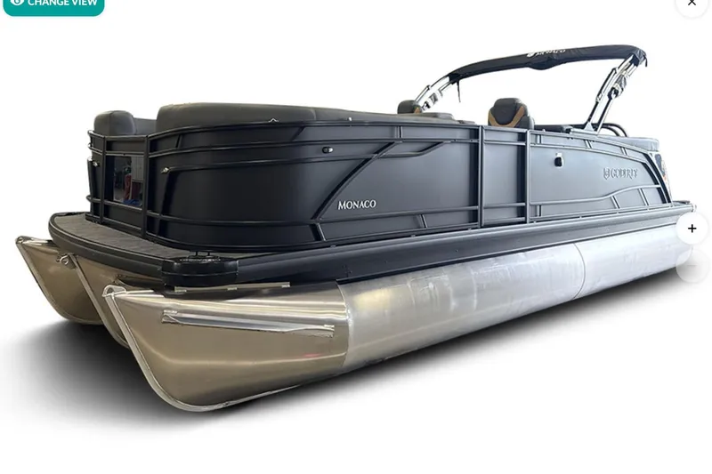 Slide: The Image of 2026 Godfrey Monaco 23' Ultra Lounge Tritoon, sleek black design, side view. - 6