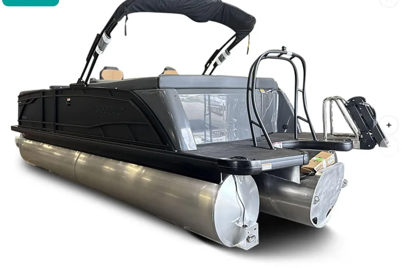 Slide: The Image of 2026 Godfrey Monaco 23' Ultra Lounge Tritoon boat with sleek black design and modern features. - 4