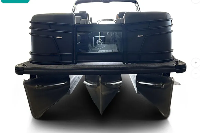 Slide: The Image of 2026 Godfrey Monaco 23' Ultra Lounge Tritoon, front view, sleek design, modern pontoon boat. - 7