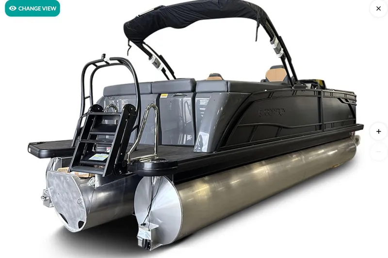 Slide: The Image of 2026 Godfrey Monaco 23' Ultra Lounge Tritoon, sleek design with black finish and sturdy ladder. - 2