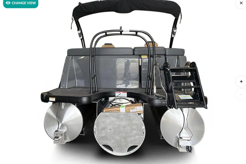 Slide: The Image of 2026 Godfrey Monaco 23' Ultra Lounge Tritoon, rear view with ladder and seating. - 3