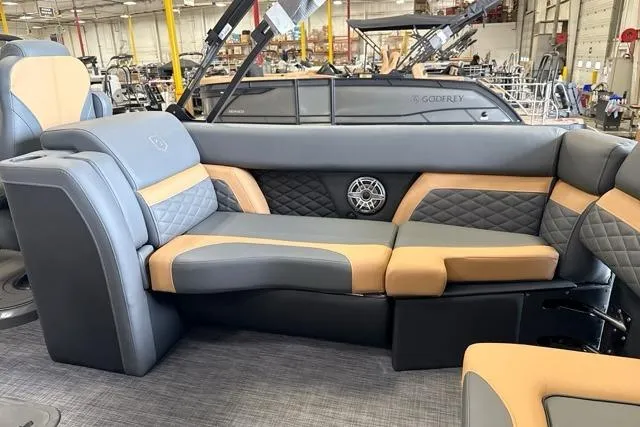 Slide: The Image of Luxurious seating on 2026 Godfrey Monaco 23' Ultra Lounge Tritoon, featuring elegant upholstery design. - 15
