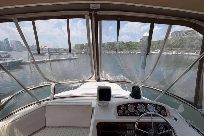 Slide: The Image of Interior view from the helm of a 2001 Bayliner 3258 Command Bridge yacht. - 9