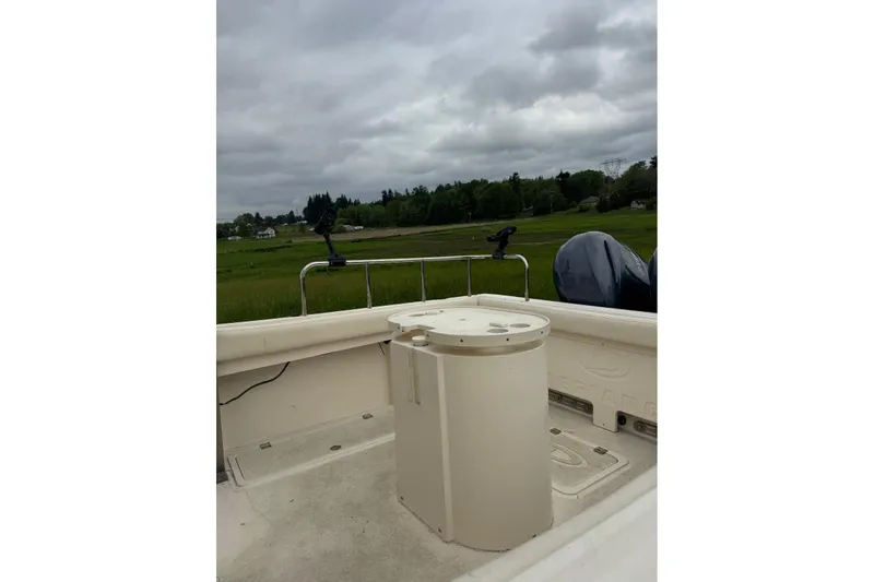 Slide: The Image of 2020 Defiance San Juan 250 boat interior with overcast sky and lush greenery. - 6