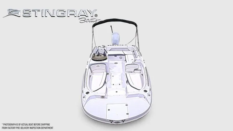 Slide: The Image of Stingray 192 SC from 2027 with open deck, seating, and a Bimini top. - 6