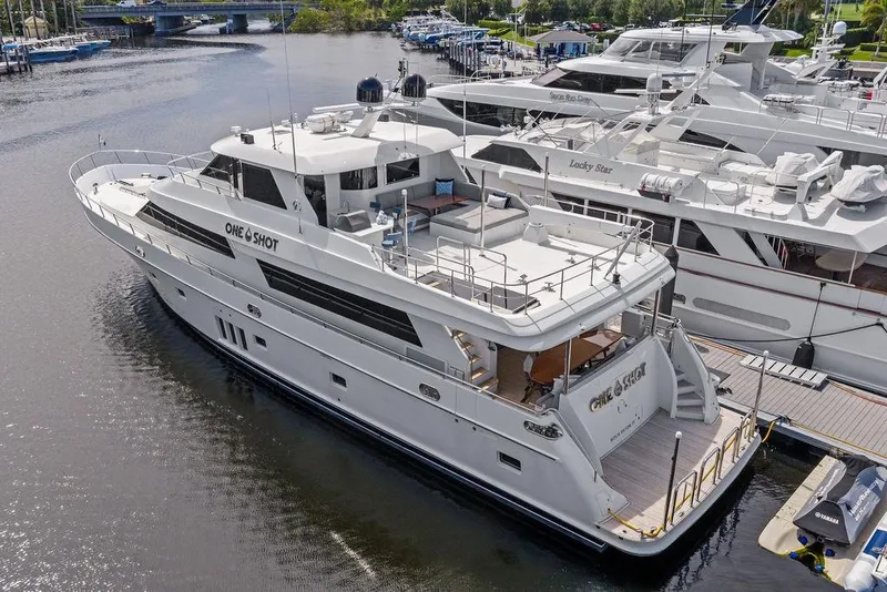 Slide: The Image of 2012 Ocean Alexander 90 Skylounge Motoryacht docked at marina, aerial view. - 7