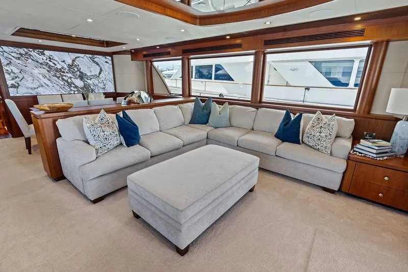 Slide: The Image of Luxurious interior of 2012 Ocean Alexander 90 Skylounge Motoryacht with plush seating and elegant decor. - 65