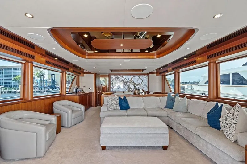 Slide: The Image of Luxurious interior of 2012 Ocean Alexander 90 Skylounge Motoryacht with plush seating and elegant decor. - 63