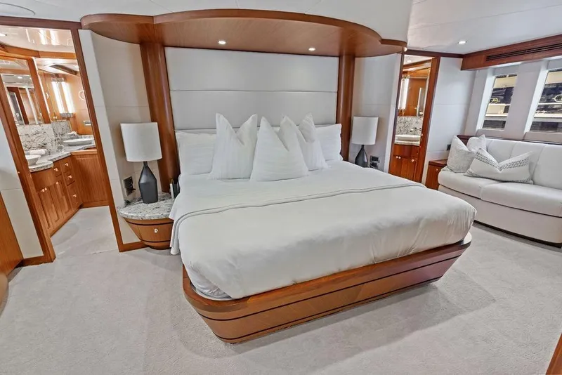 Slide: The Image of Luxurious bedroom interior of 2012 Ocean Alexander 90 Skylounge Motoryacht with elegant wood finishes. - 70