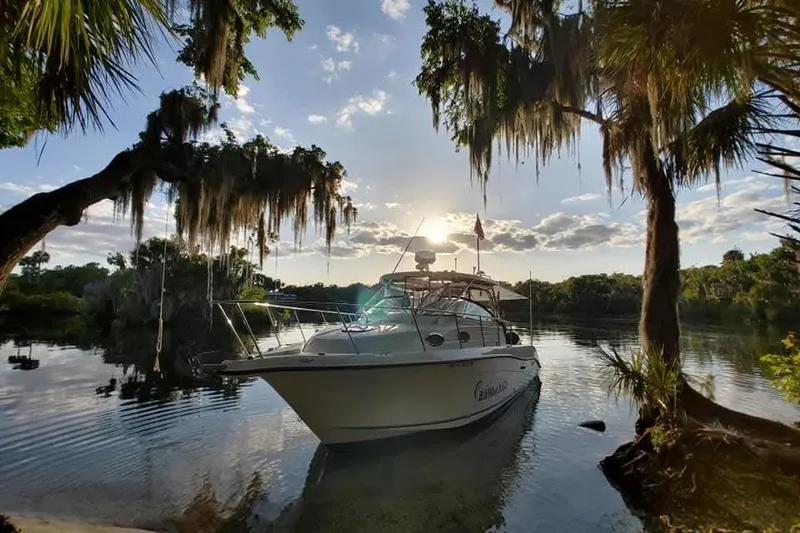 Slide: The Image of 2007 Seaswirl Striper 2901 Walkaround O/B boat in serene, tree-lined waterway at sunset. - 1