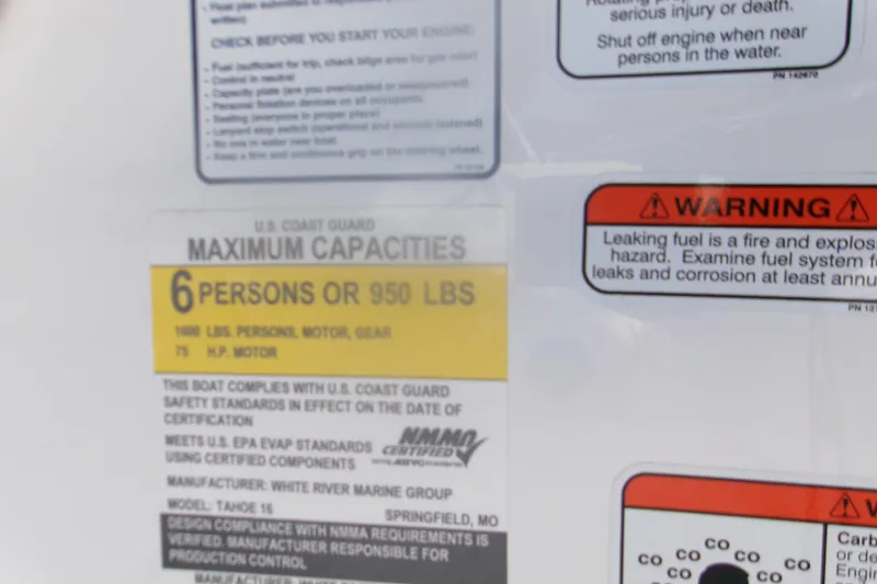 Slide: The Image of 2024 Tahoe T16 boat capacity label: 6 persons or 950 lbs, safety warnings included. - 9