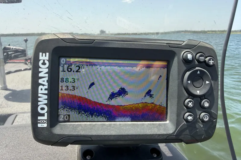 Slide: The Image of Lowrance fish finder on 2019 Tracker Pro 160 boat, displaying water depth and temperature. - 33
