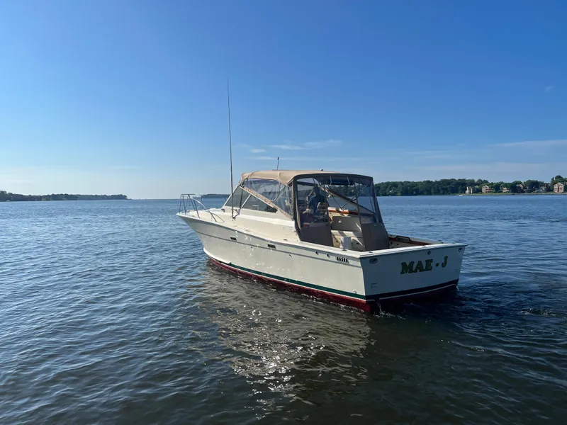 Slide: The Image of Ein Viking 35 Express Boot von 1985 auf ruhigem Wasser mit klarem Himmel. - 10