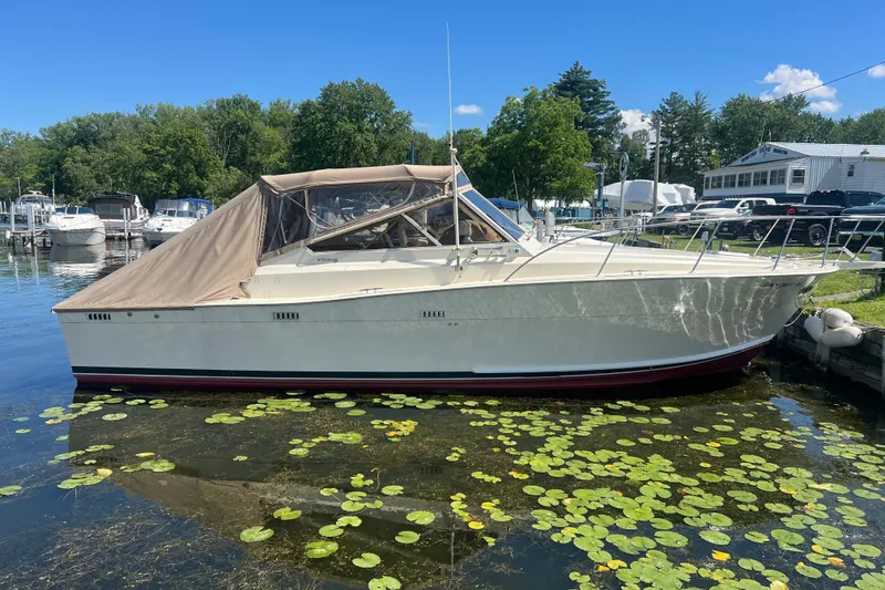 Slide: The Image of 1985 Viking 35 Express boat docked on a sunny day, surrounded by lily pads. - 31