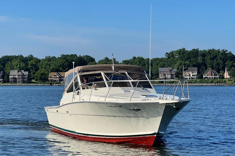 The Image of 1985 Viking 35 Express on calm water near a shoreline with houses. - 0