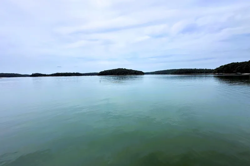 Slide: The Image of Calm lake with distant tree-lined shore under a cloudy sky, Fantasy 18x82, 2001. - 24