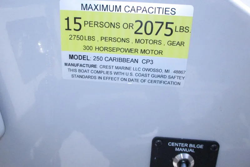 Slide: The Image of Capacity label for 2021 Crest Caribbean LX 250 SLS, 15 persons or 2075 lbs. - 7