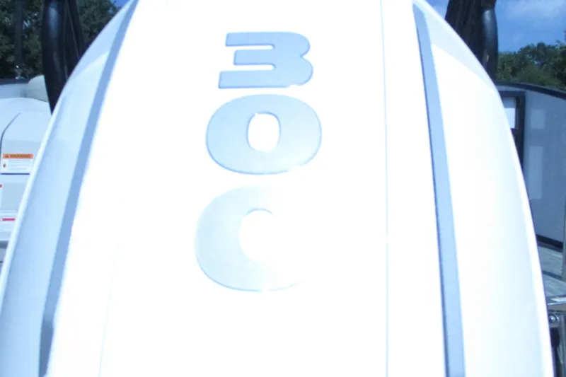 Slide: The Image of Close-up of 2021 Crest Caribbean LX 250 SLS boat engine with '300C' marking. - 16