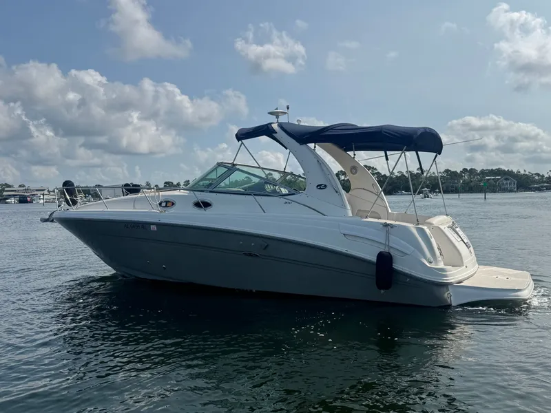 The Image of 2006 Sea Ray 300 Sundancer on calm water with a blue canopy. - 0
