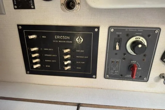Slide: The Image of Electrical panel of a 1977 Ericson 35 sailboat with labeled switches and controls. - 17
