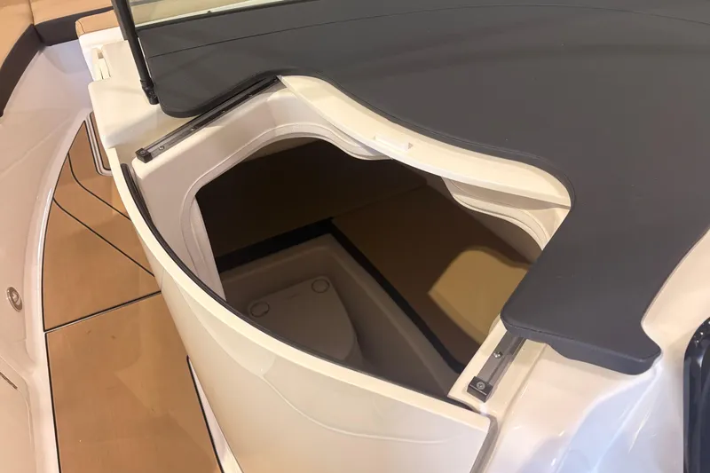 Slide: The Image of 2026 Sea Ray SDX 250 Surf boat interior storage compartment with sleek design. - 9