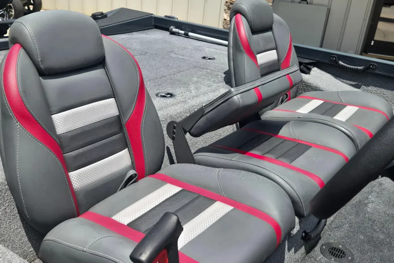 Slide: The Image of 2023 Ranger RT178 boat seats with gray, red, and white accents, showcasing modern design. - 13
