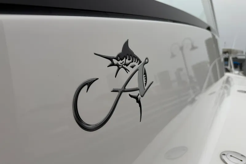 Slide: The Image of 2024 Albemarle 30 Express boat logo detail with marlin design. - 58